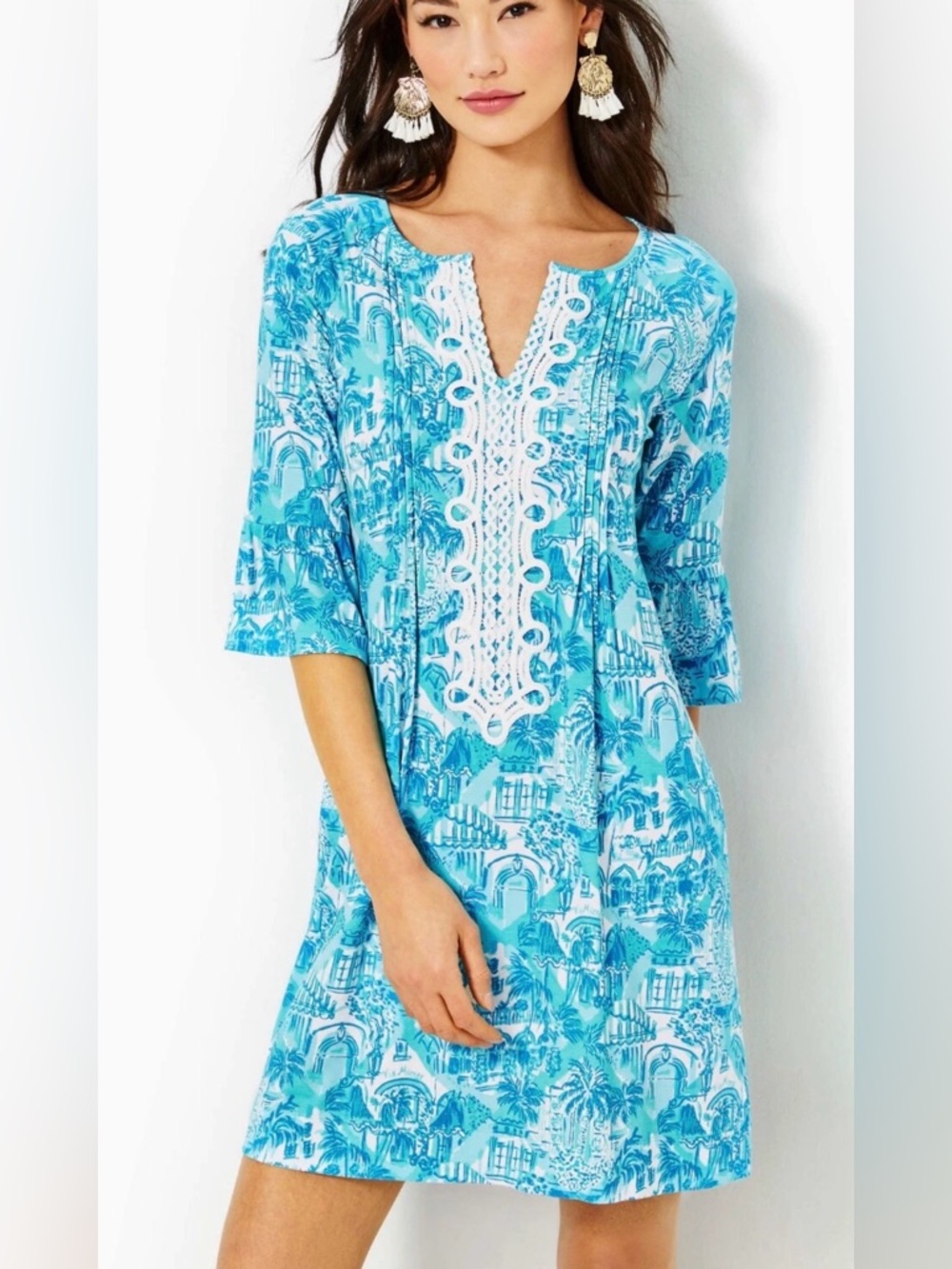 Lilly Pulitzer Krysta Aqua & White Printed Lace-Trim Cover-Up